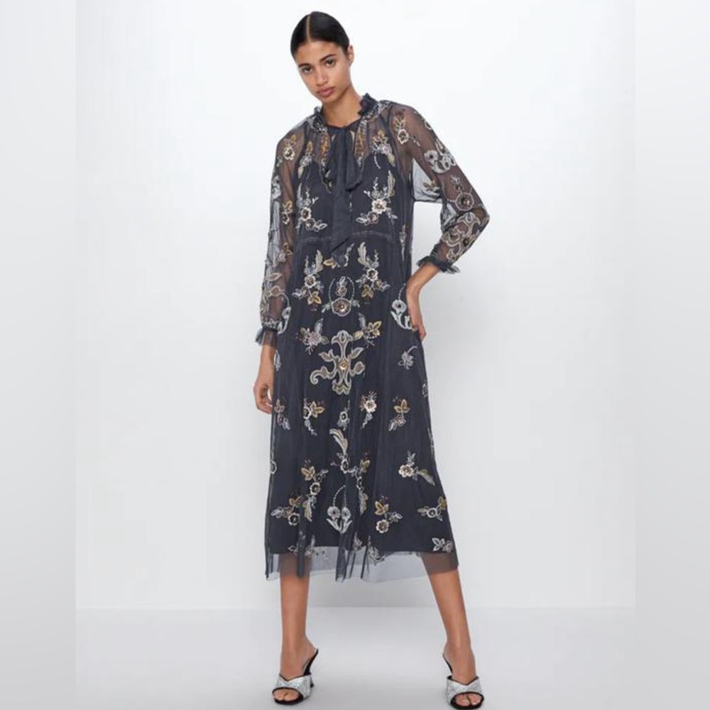 New Zara $149 Embroidered Beaded Floral Dress Limited Edition XS Small 6895/105